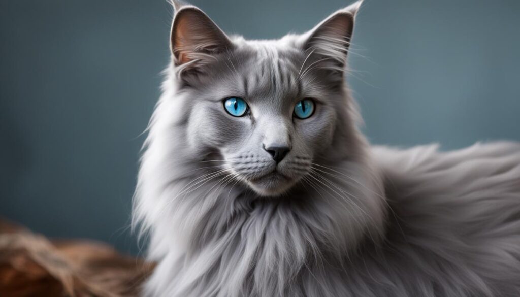 Nebelung cat with medium-long blue-gray coat and silver tips